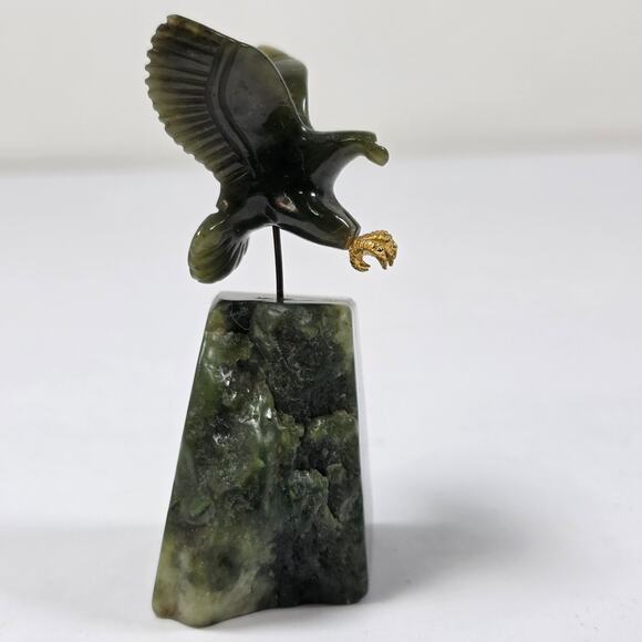 Carved Green Jade Eagle Figure Landing On Base With Gold Talons - Picture 1 of 9